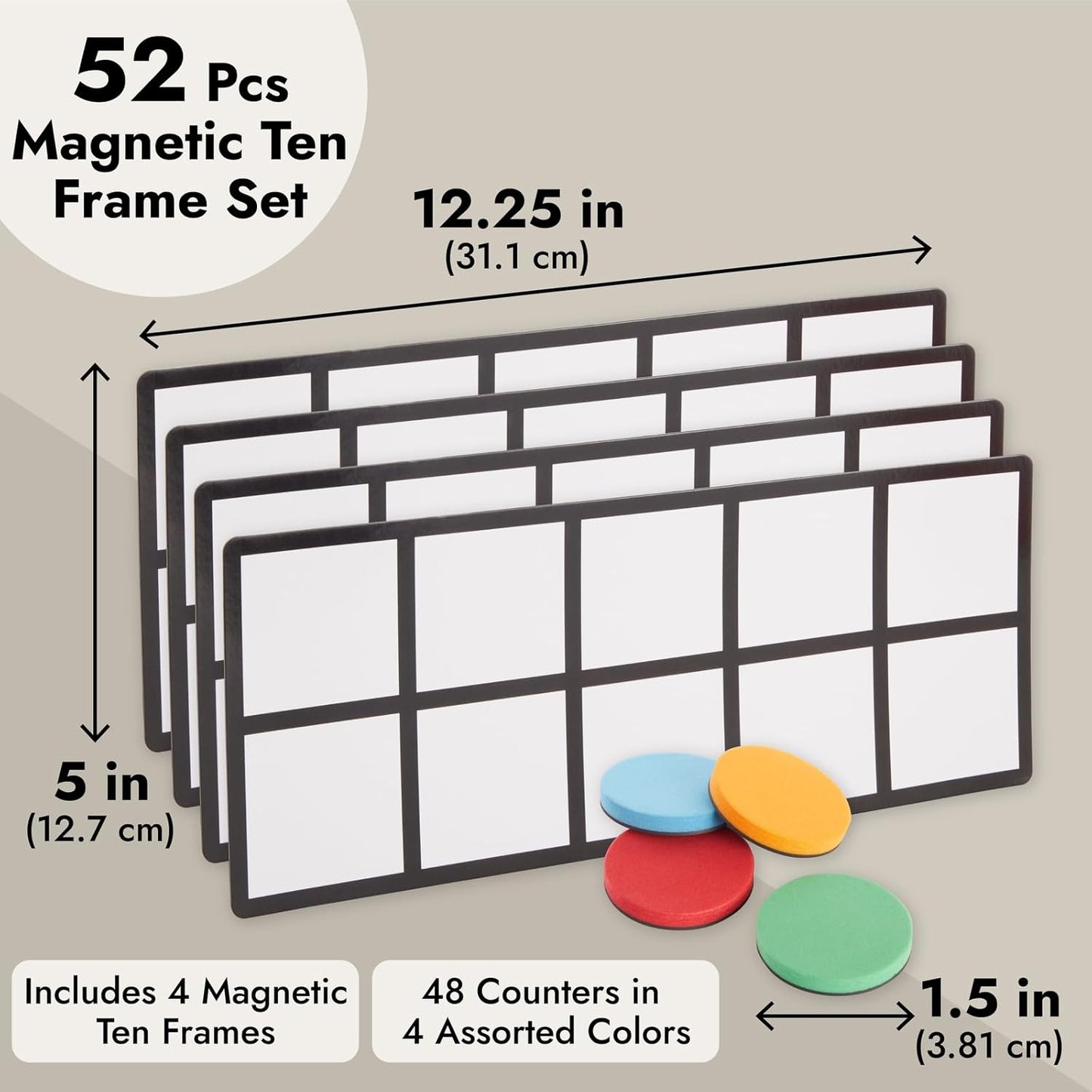 Bright Creations Giant Magnetic Ten Frames for Classroom Learning - 4 Pack Multi-Color Magnetic Frames with 48 Math Counters (12.25 x 5 in)