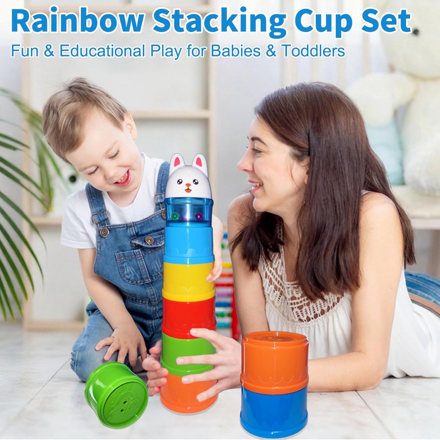 WEEJOYGAM Baby Stacking Cups, Nesting Stacking Toys for Toddlers 1-3 with Light and Sound, Montessori Toys for 1 Year Old Babies 6-12 12-18 Months Easter Gift Color Stack Bath Beach Blocks Rainbow Set