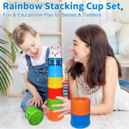 WEEJOYGAM Baby Stacking Cups, Nesting Stacking Toys for Toddlers 1-3 with Light and Sound, Montessori Toys for 1 Year Old Babies 6-12 12-18 Months Easter Gift Color Stack Bath Beach Blocks Rainbow Set