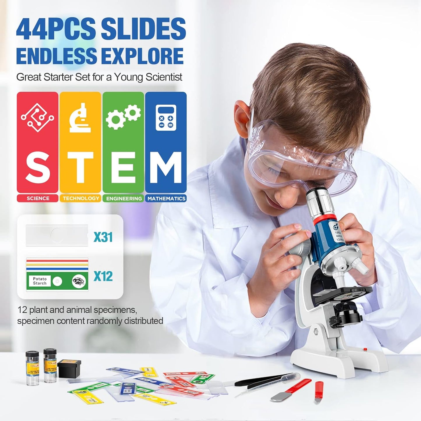 58-Piece Kids Microscope Kit - 100X-1200X Magnification, Metal Body, LED Light, Carrying Box - Science Experiment Toy for Kids Ages 5-12