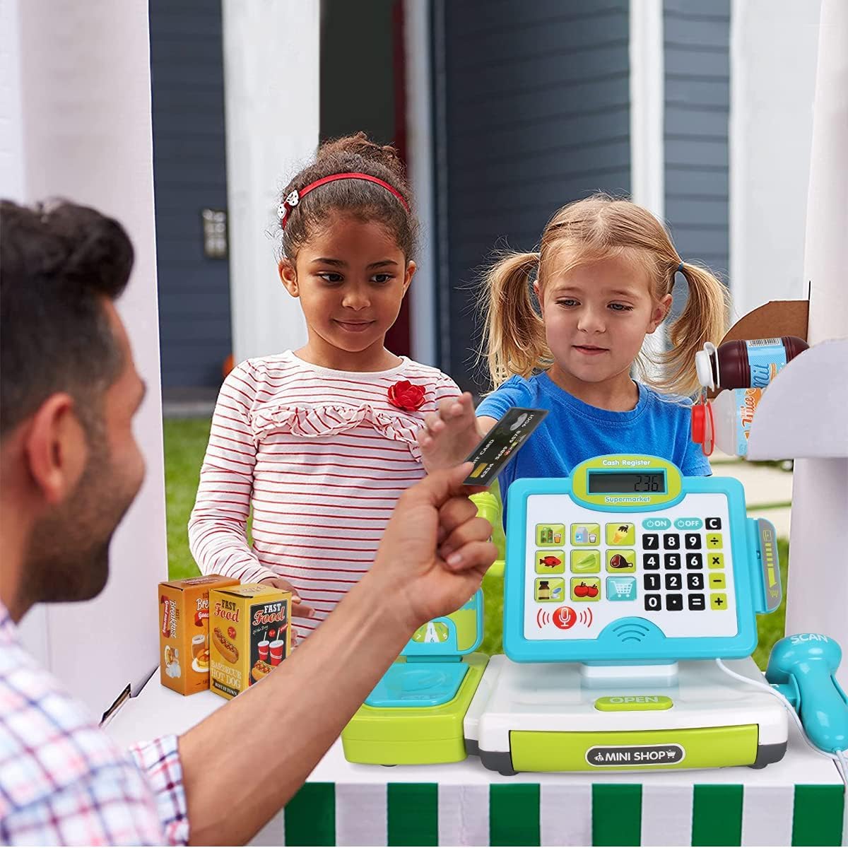 FS Pretend Play Cash Register Toy with True Barcode Scanner & Calculator, Microphone, Play Food, Supermarket Cashier, Great Pre-School Gift Cash Register for Kids Boys & Girls, Ages 3 4 5 6 8