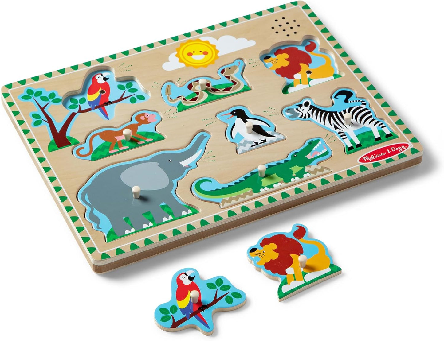 Melissa & Doug Farm Animals Sound Puzzle – 8-Piece Wooden Peg Puzzle with Light-Activated Sounds, Music Learning Toy for Toddlers and Preschoolers Ages 2+