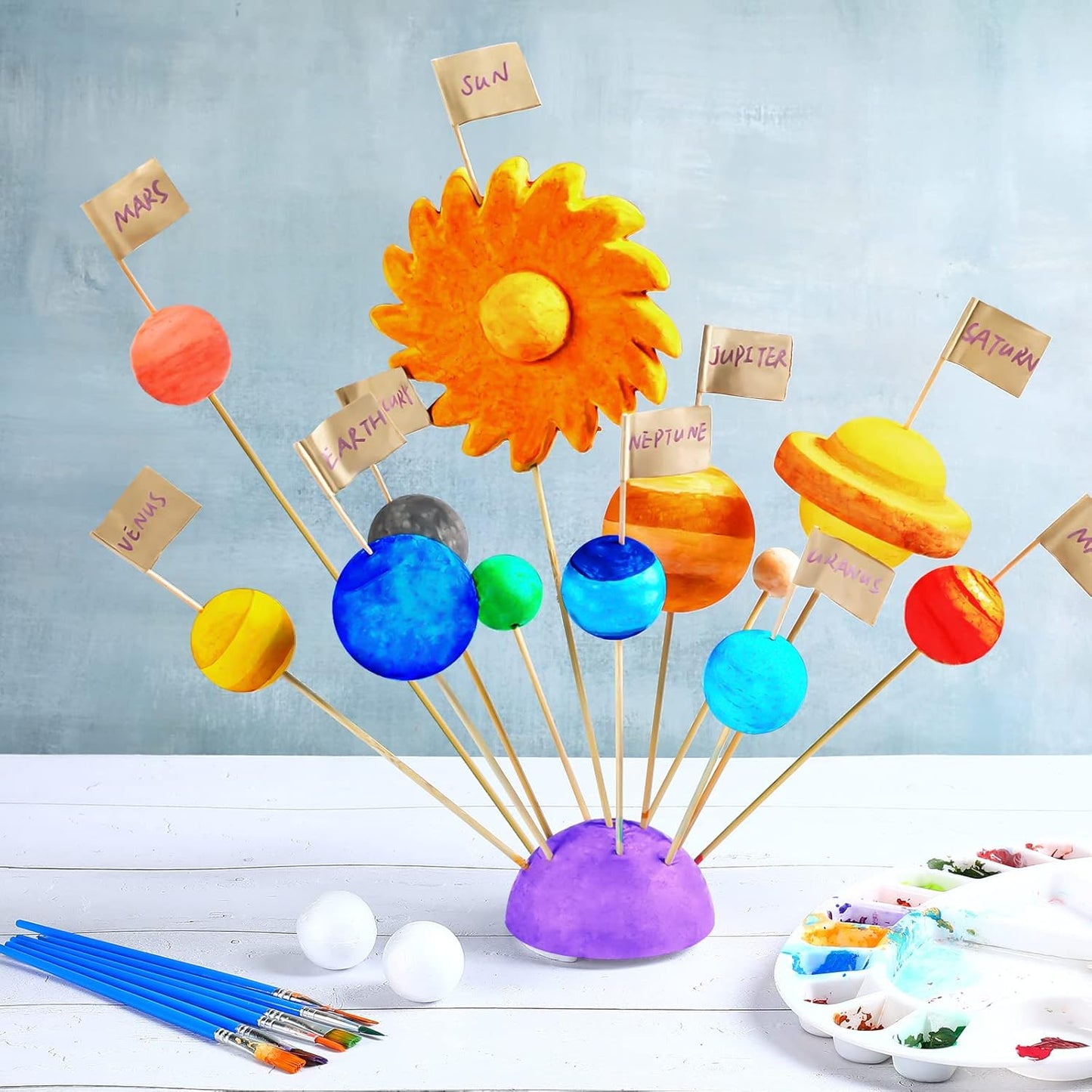 Jutom 56 Pcs Solar System Project Kit Solar System Model Includes 20 Mixed Sized Foam Balls, 15 Sticks, 15 Food Stick Flag, 6 Painting Brushes for School Science DIY Planet Handcraft