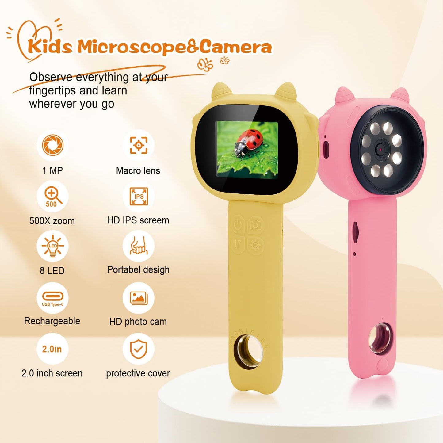 Microscope for Kids 500x Magnification,4X Zoom Mini Pocket Handheld Microscope with 2.0" Screen for Toddlers-STEM Educational Science Kit Toddler for Boys Girls Aged 3-12(Black)