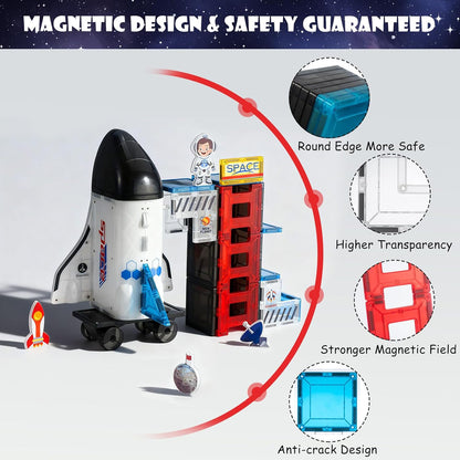VROGTIK Space Magnetic Tiles for Kids, 30 Piece STEM Magnetic Building Blocks Set, Rocket Ship Space Station Educational Construction Toy with Astronaut Figure for Boys Girls Ages 3-8