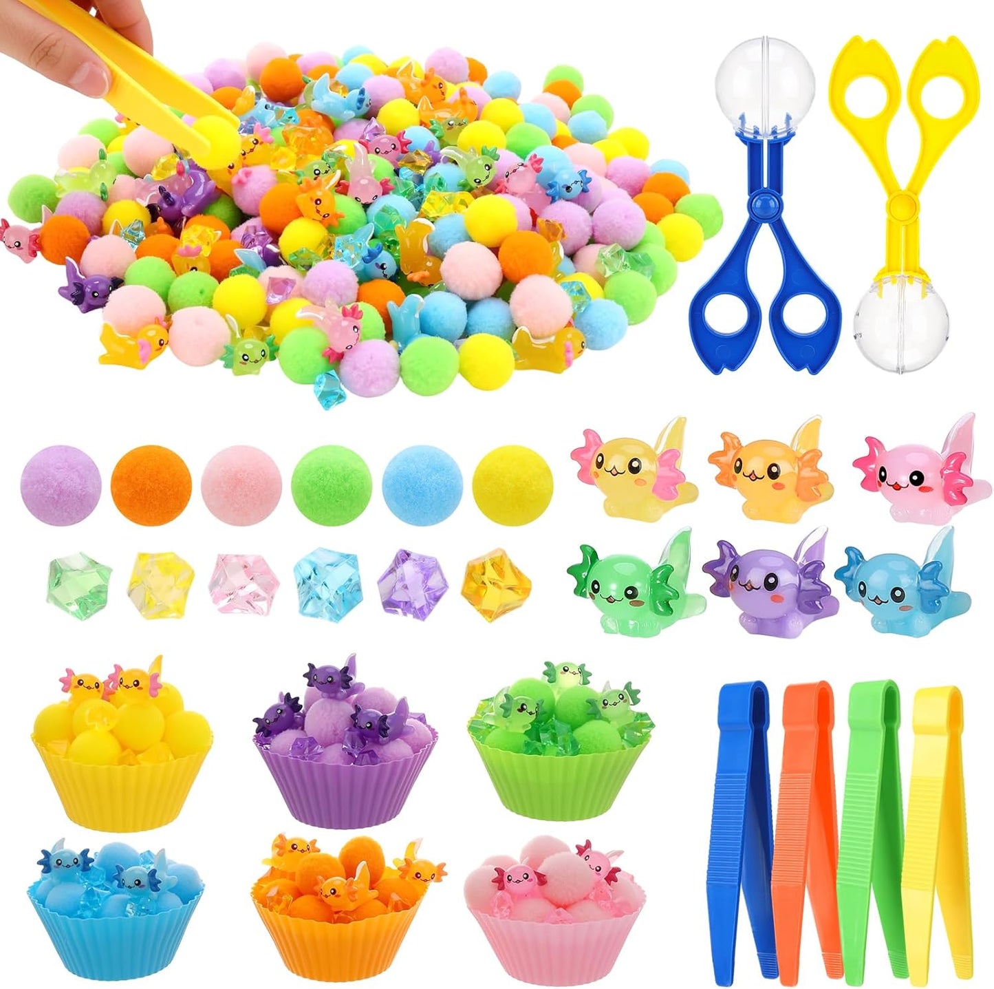 320 Pcs Sensory Bin Fillers Include 200 Pompoms 60 Simulated Ice Cubes 42 Resin Axolotl 12 Cups 4 Tweezers 2 Clips Fine Motor Skills Toys Set Sensory Table Filler