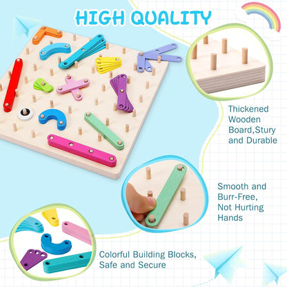 EZVYAO Wooden Montessori Toy for Toddlers, Letter Number Construction Set Pegboard Puzzle Stacking Blocks, Preschool Learning ABC Shape Educational Toys for Kids Boys Girls