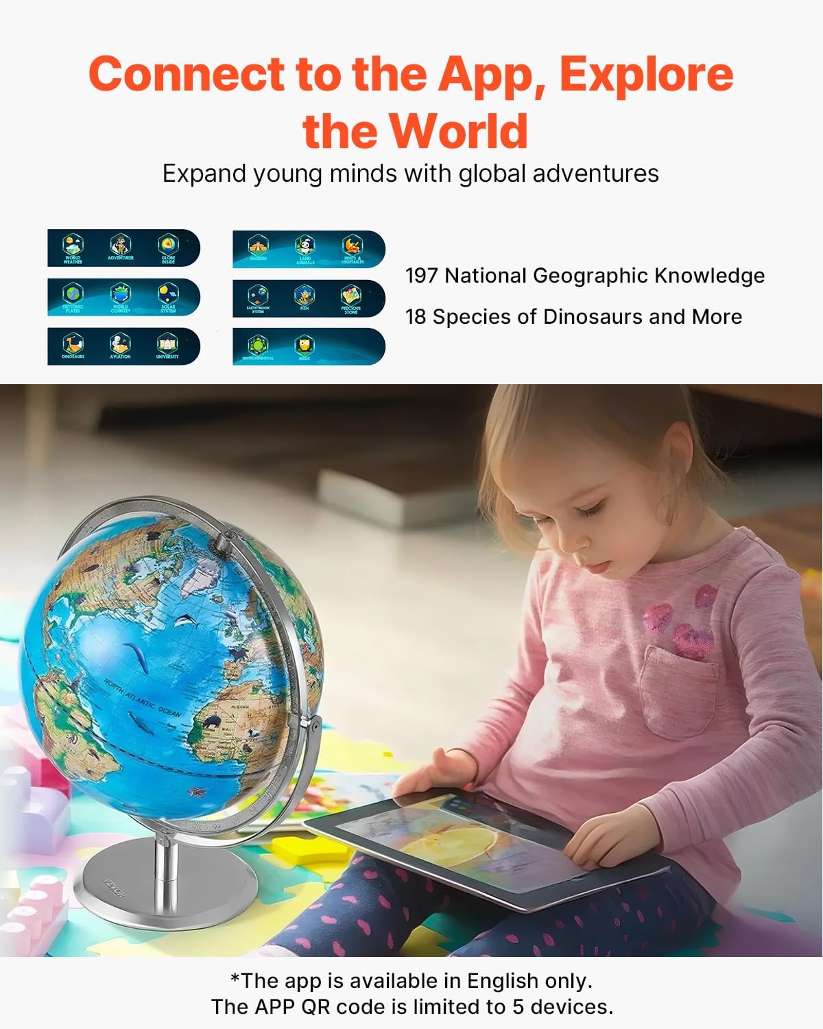 VEVOR Educational World Globe, 10 in/254 mm, Interactive Globe for Kids, with AR Golden APP, 720° Rotation, LED Night Lighting, 197 National Geographic Knowledge, STEM Toy, for Children Ages 4–10