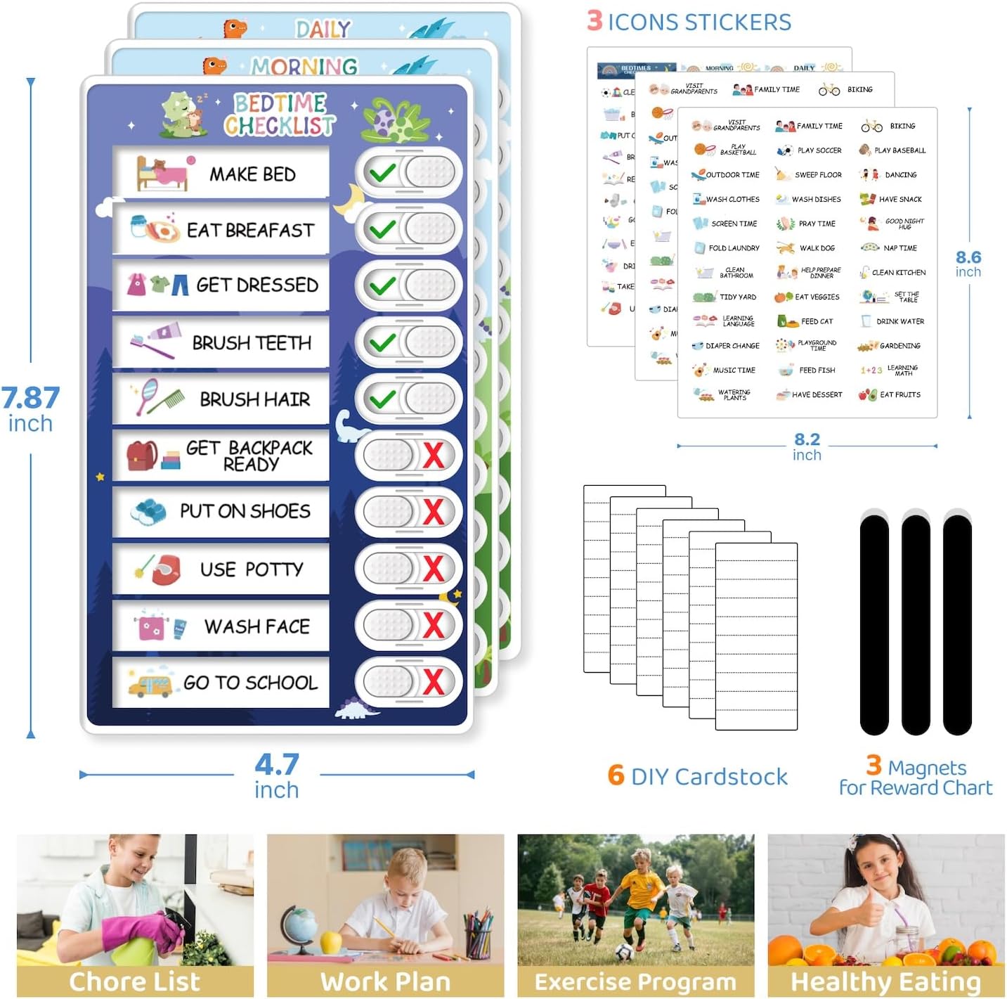 Upgraded Slider 3 in 1 Bedtime/Morning/Daily Routine Chart for Kids, Magnetic Chore Chart for Kids, Visual Schedule for Kids Toddlers Schedule Board for Home