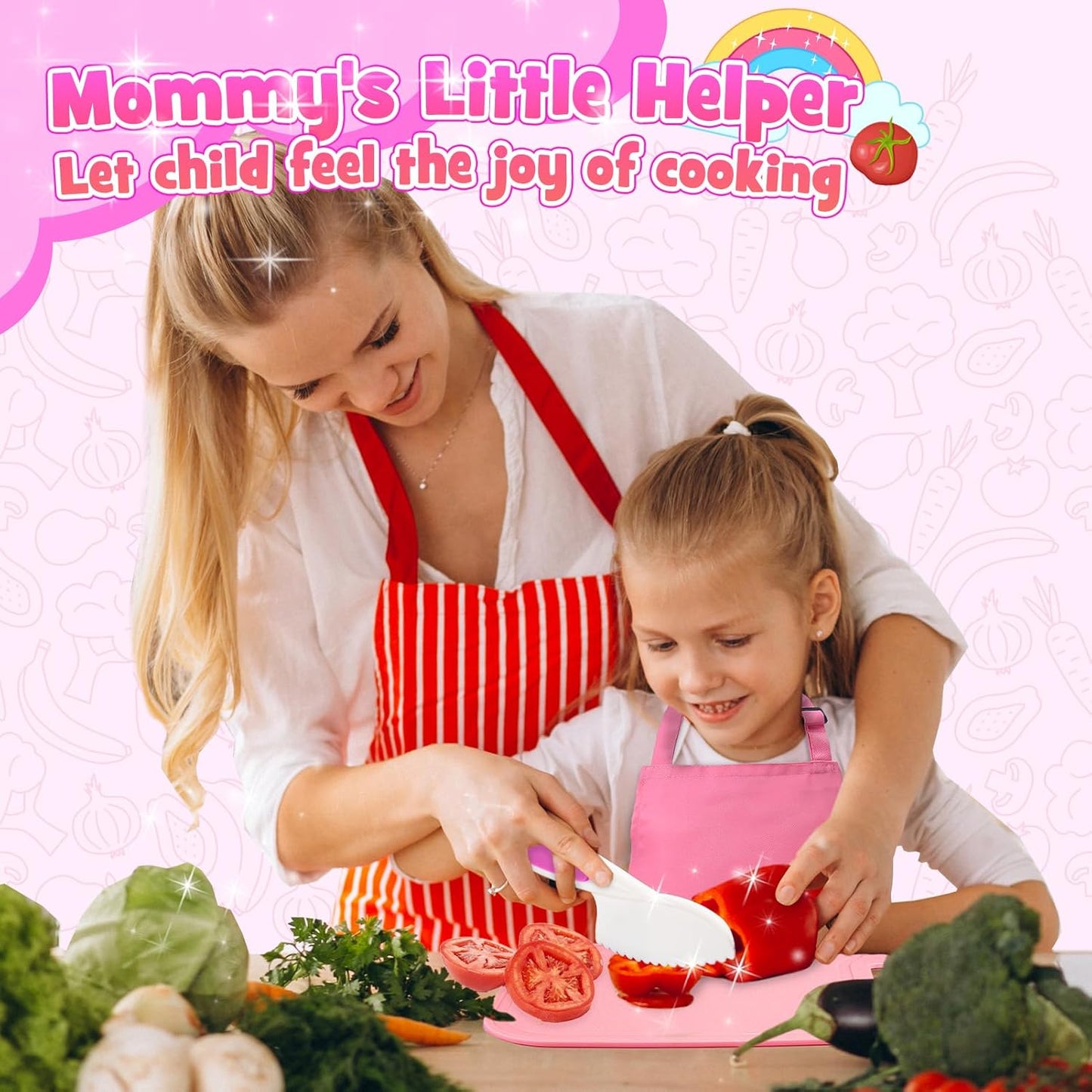 Kids Baking Cooking Set Real & Toddler Kid Apron, Kids Knife Set for Real Cooking & Basket,Food-Grade Material,Montessori Toddler Kitchen Tools, Christmas Birthday Gift for 3-10 Year Old Girls Boys