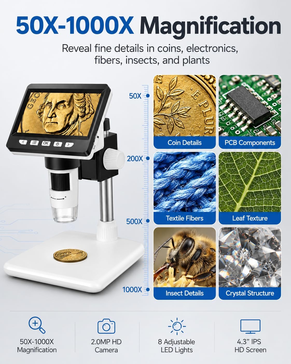 Coin Microscope, 4.3 Inch Digital Microscope 1000X Coin Microscope for Error Coins with 8 Adjustable LED Lights, PC View Compatible with Windows & MacOS