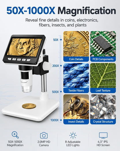 Coin Microscope, 4.3 Inch Digital Microscope 1000X Coin Microscope for Error Coins with 8 Adjustable LED Lights, PC View Compatible with Windows & MacOS