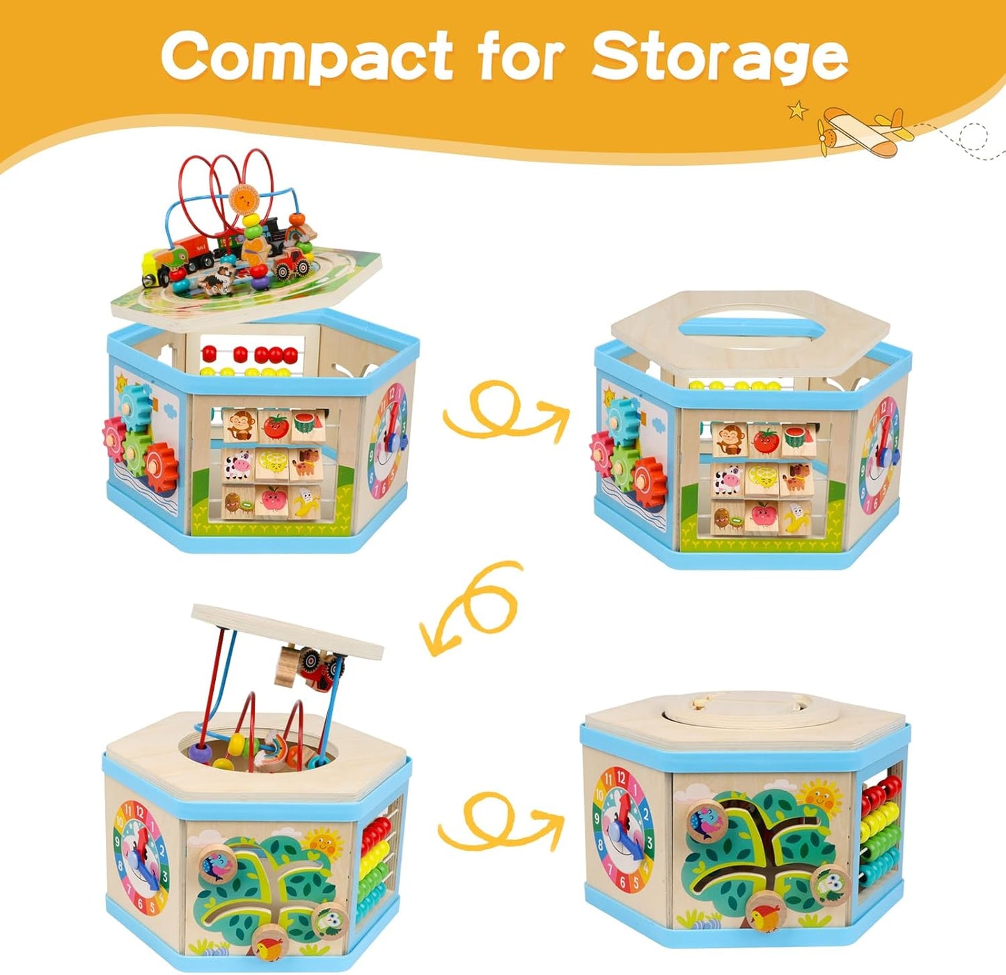 Wooden Activity Cube 9-in-1 Montessori Toys for 1+ Year Old Boys Girls Educational Learning Toys for Toddlers Age 1-2 One Year Old First Birthday Gift Bead Maze Magnetic Trains Track Shape Sorter