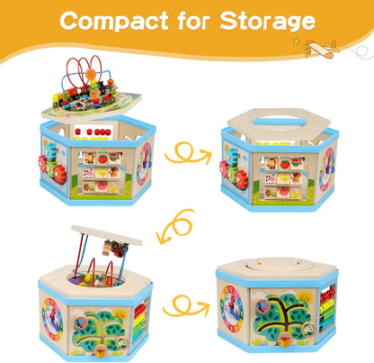 Wooden Activity Cube 9-in-1 Montessori Toys for 1+ Year Old Boys Girls Educational Learning Toys for Toddlers Age 1-2 One Year Old First Birthday Gift Bead Maze Magnetic Trains Track Shape Sorter