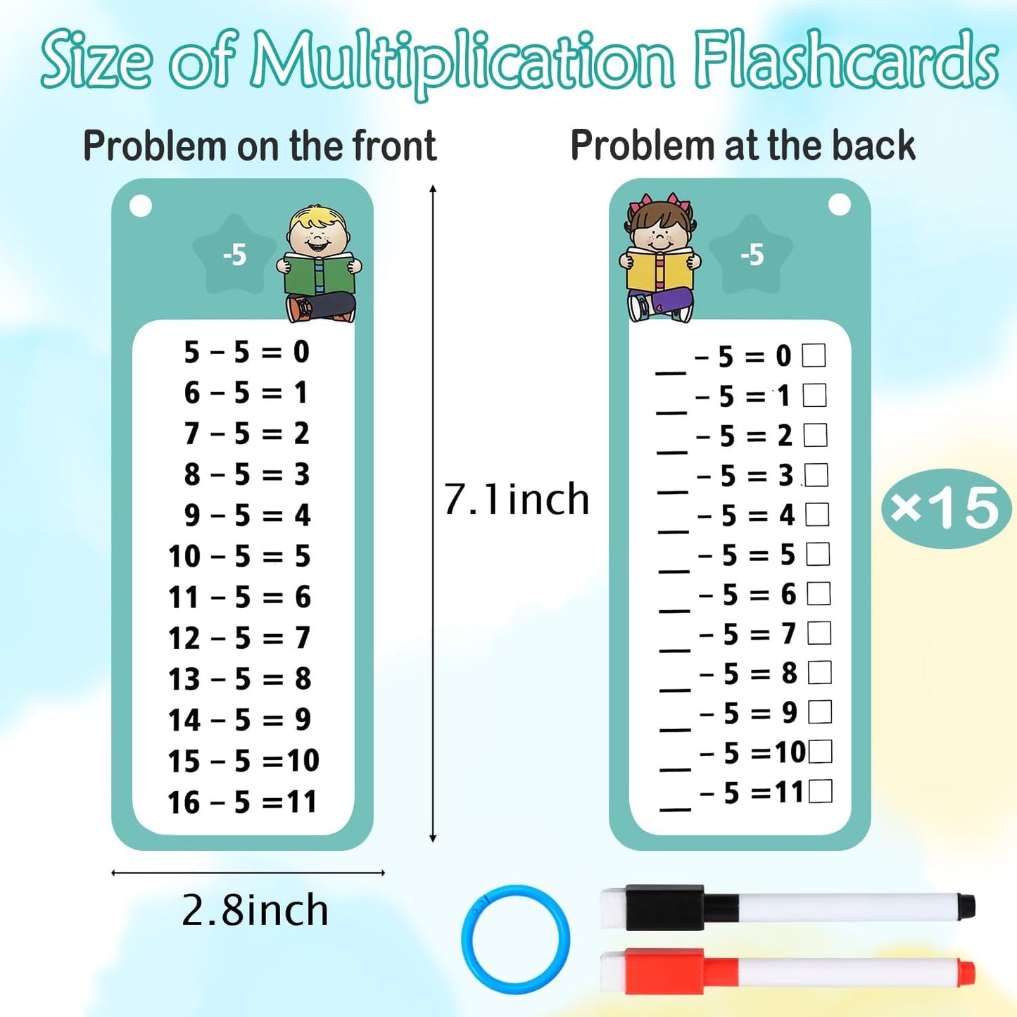 1-12 Multiplication Flash Cards, Large Math Times Table Flashcards Chart, with 15 Cards, 2 Dry Erase Markers, 1 Rings, Educational Multiplication Game for Kids, 1st, 2nd, 3rd Grades Classroom Home