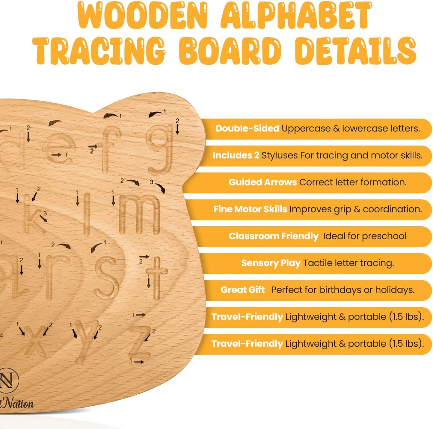 Double-Sided Wooden Alphabet Tracing Board, Premium Natural Wood, Uppercase & Lowercase Letters (19.5x16x1.45cm Bear)