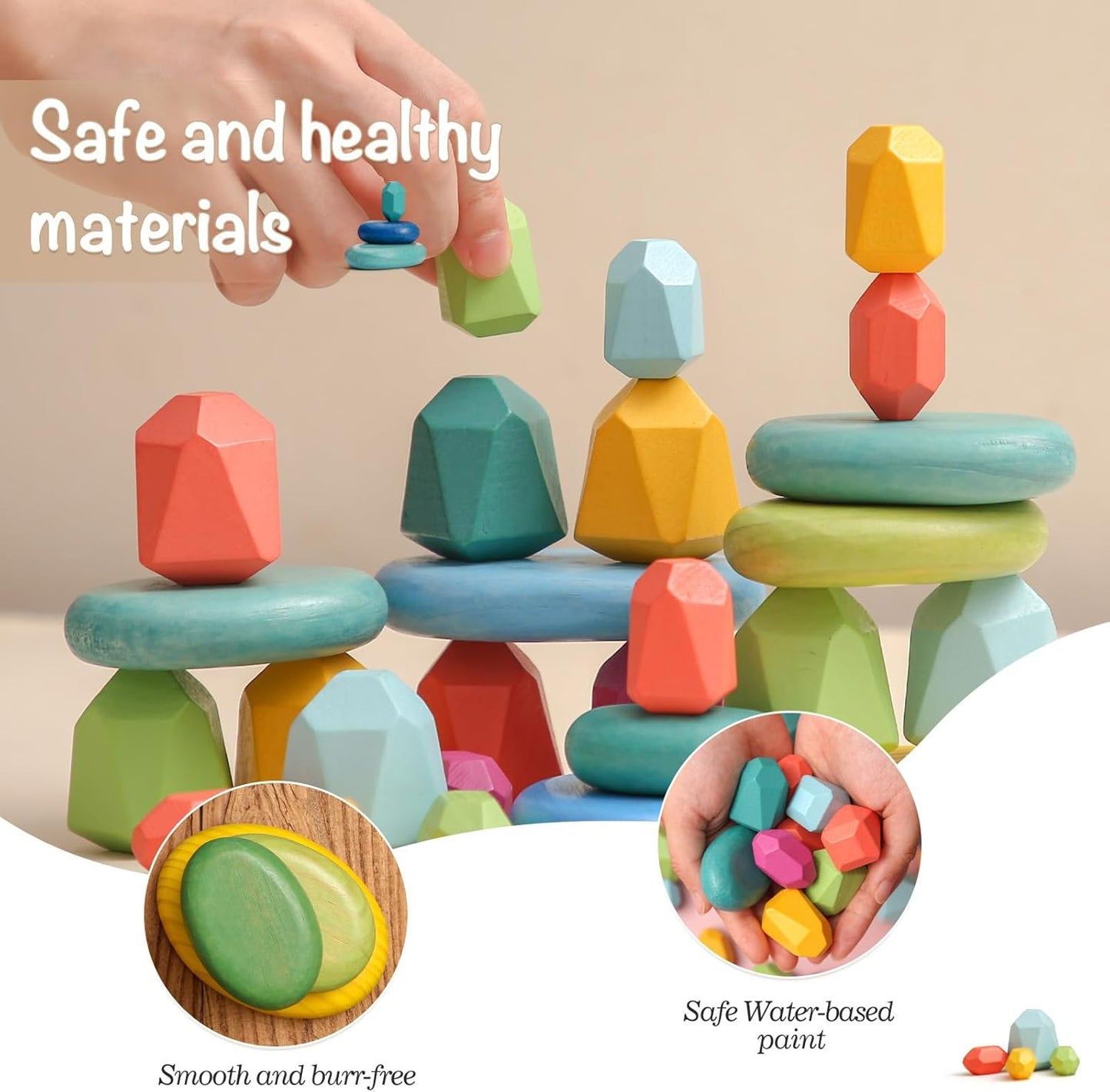 OESSUF Stacking Rocks 48Pcs Stacking Blocks Balancing Stacking Stones Wooden Building Toys Wood Stone Stacking Game for Toddler Sorting Preschool Educational Montessori Stacking Rocks for Kids