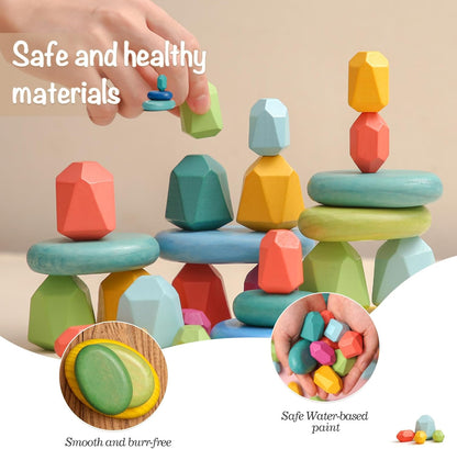 OESSUF Stacking Rocks 48Pcs Stacking Blocks Balancing Stacking Stones Wooden Building Toys Wood Stone Stacking Game for Toddler Sorting Preschool Educational Montessori Stacking Rocks for Kids