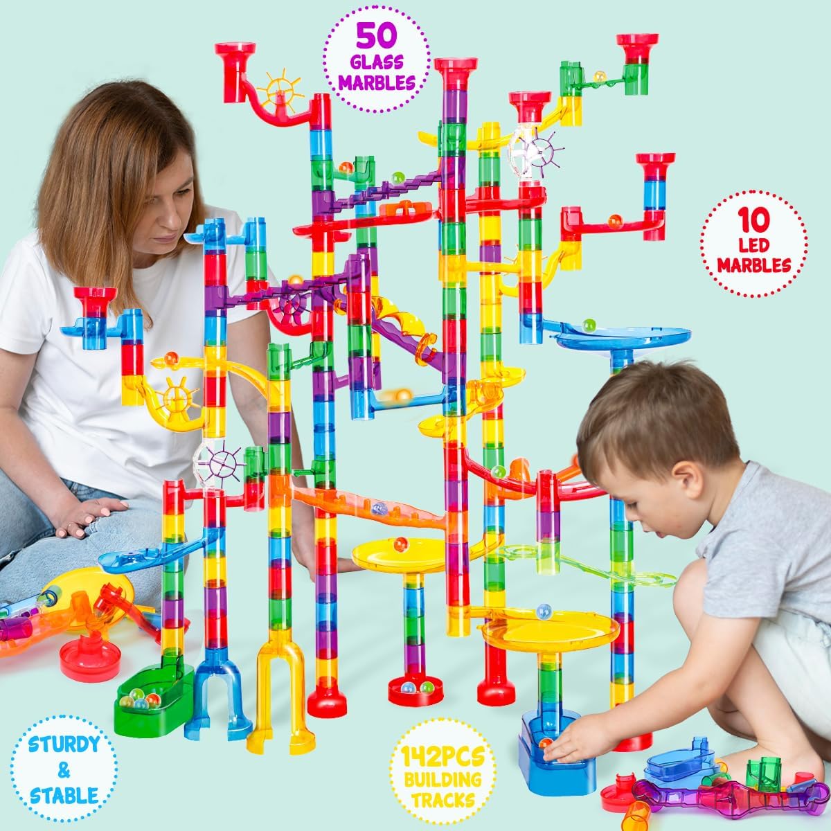 Meland Marble Run - 132Pcs Marble Maze Game Building Toy for Kid, Marble Track Race Set & STEM Learning Toys for Boy Girl Age 3 4 5 6 7 8 9+ (102 Translucent Marbulous Pcs & 30 Glass Marbles)