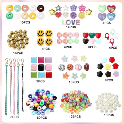 DEMIUKO DIY Bead Keychain Making Kit, 296PCS Beaded Bag Charm Making Kit with Colorful Beads Letter Alphabet Name Beads Flower Heart Jewelry Making Kit Bead Supplies Crafts Gifts