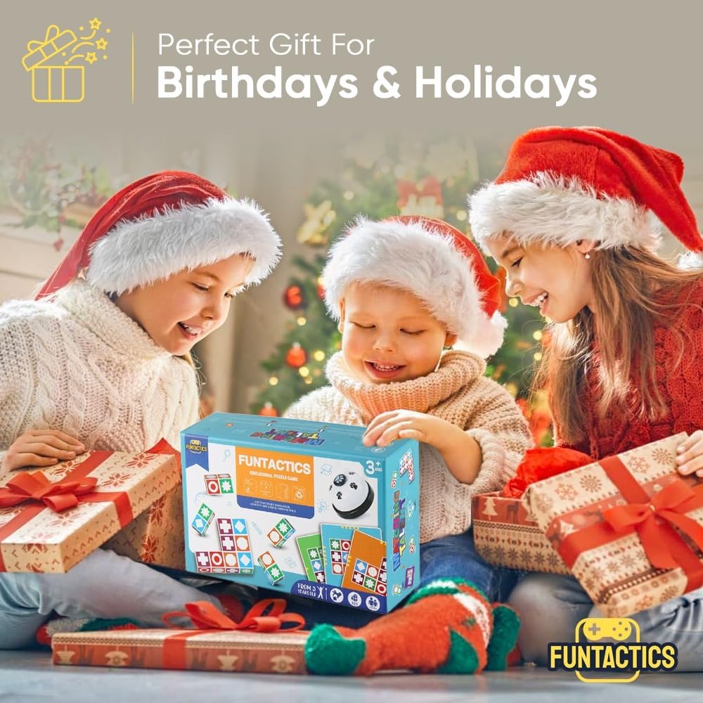 Funtactics Wooden Matching Game Puzzle 3.0 Games, Pattern Block Match Puzzles Building Cubes with Bell for Kids and Adults Toys Board Games for Family Night 5 Players