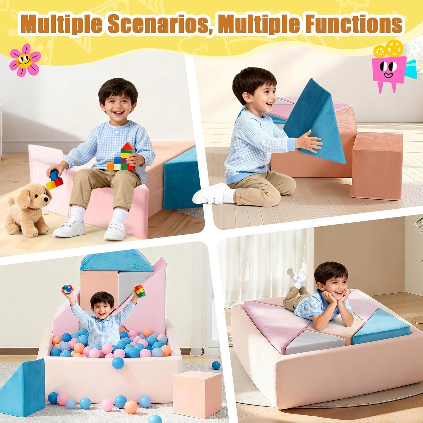 Tangram Puzzles modular kids play couch building fort, Children explorer sofa with Ball Pit, Kids playroom convertible furniture for Inspiring Child Creativity, Made entirely of sponge (Blue Series)