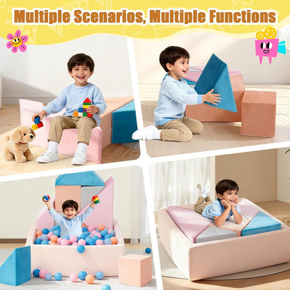 Tangram Puzzles modular kids play couch building fort, Children explorer sofa with Ball Pit, Kids playroom convertible furniture for Inspiring Child Creativity, Made entirely of sponge (Blue Series)