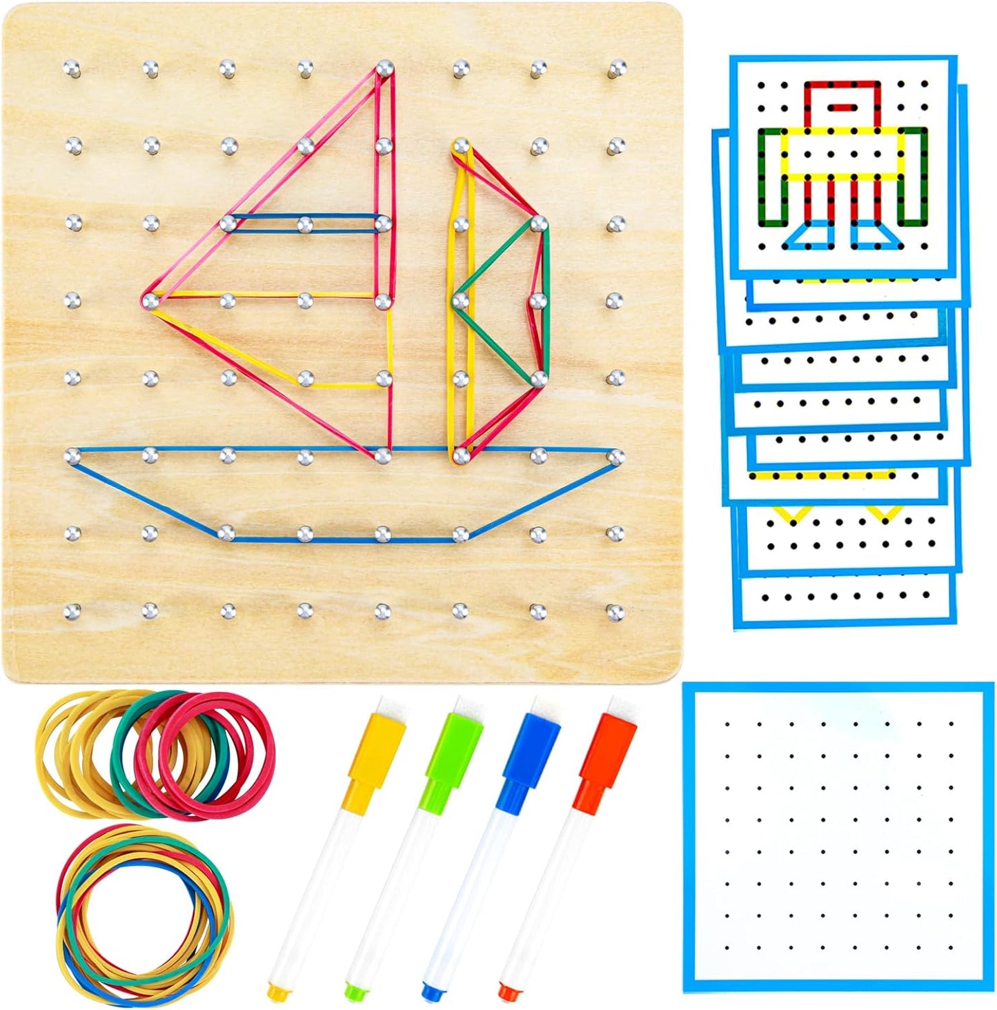 HEELWIRE Wooden Geoboard,Montessori Toy,Graphical Mathematical Education Toy for Kids with Pattern Cards and Rubber Bands to Figures and Shapes, Brain Teaser STEM Toy Geo Board (6 * 6 * 0.6 in)