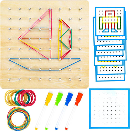 HEELWIRE Wooden Geoboard,Montessori Toy,Graphical Mathematical Education Toy for Kids with Pattern Cards and Rubber Bands to Figures and Shapes, Brain Teaser STEM Toy Geo Board (6 * 6 * 0.6 in)