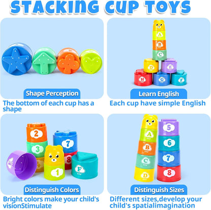Stacking Cups Toys for Toddlers 1-3, Baby Toys Stacking Cups & Teething Toy for Babies 6-12 Months Montessori Educational or Bath Fun Stacking Blocks for Toddlers 1-3