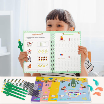 BYFWH Magic Groove Practice Copybook for Kids, Reusable Writing Practice Books, Grooved Handwriting Book Set for Kid Ages 3-8 Calligraphy 5.59 * 7.91 (5 Medium Books with Cactus Pens & Gift Box)