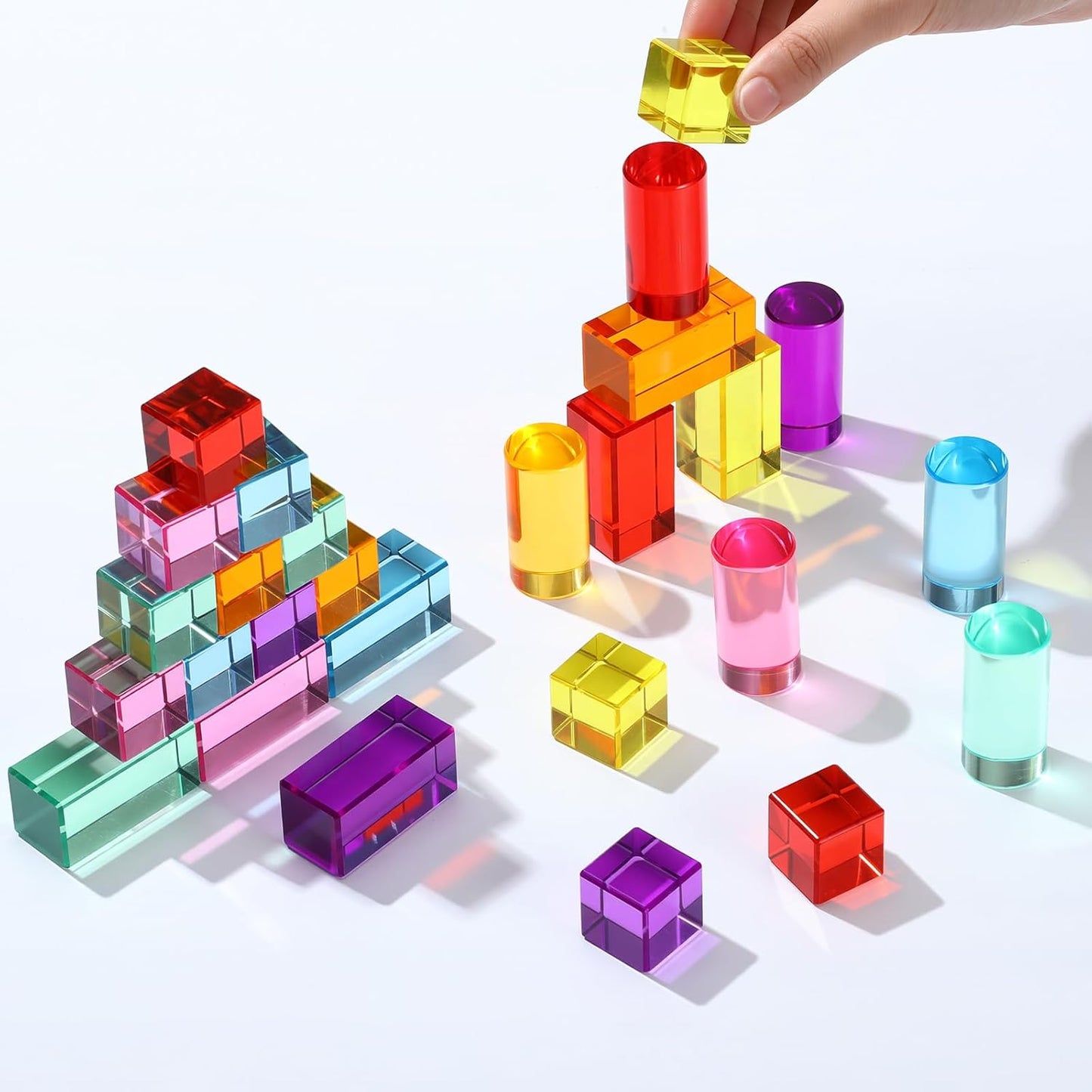 16 Pcs Acrylic Wooden Gem Blocks Sparkling Translucent Cubes Stacking Toys Wooden Cubes Blocks with Colorful Acrylic Open Ended Play Montessori Educational Toys (Round)