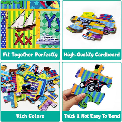 Floor Puzzle for Kids,48 Piece Transportation Letter A-Z Alphabet Puzzle,Vivid of Cartoon Design Letter Games for Preschoolers,Learn ABCs with Fun- Interactive Educational Toy for Ages 3+
