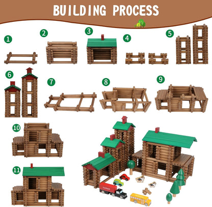 Wondertoys 208 Pcs Wooden Log Set - Classic Building Logs Ages 3+ - Best Retro Building Gift Set for Boys - Creative Construction Engineering Educational Gifts