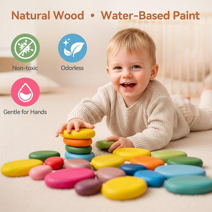 OESSUF Stacking Rocks 48Pcs Stacking Blocks Balancing Stacking Stones Wooden Building Toys Wood Stone Stacking Game for Toddler Sorting Preschool Educational Montessori Stacking Rocks for Kids
