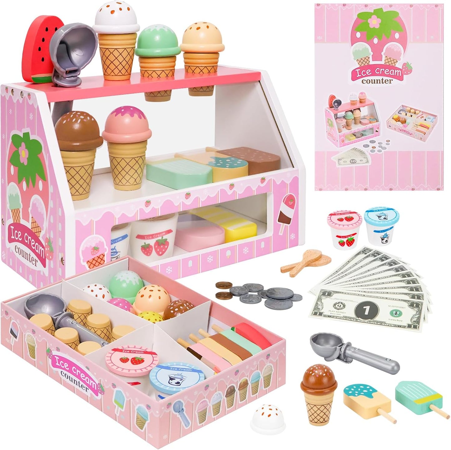 ZJEFUNS Wooden Ice Cream Toys for Kids Ice Cream Counter Shop for Toddlers Pretend Play Food Scoop and Serve with Scoop & Menu & Fake Money for Boys and Girls Ages 3 4 5 6 (Beige)