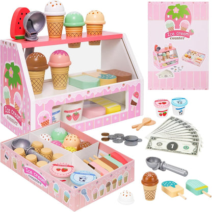 ZJEFUNS Wooden Ice Cream Toys for Kids Ice Cream Counter Shop for Toddlers Pretend Play Food Scoop and Serve with Scoop & Menu & Fake Money for Boys and Girls Ages 3 4 5 6 (Beige)