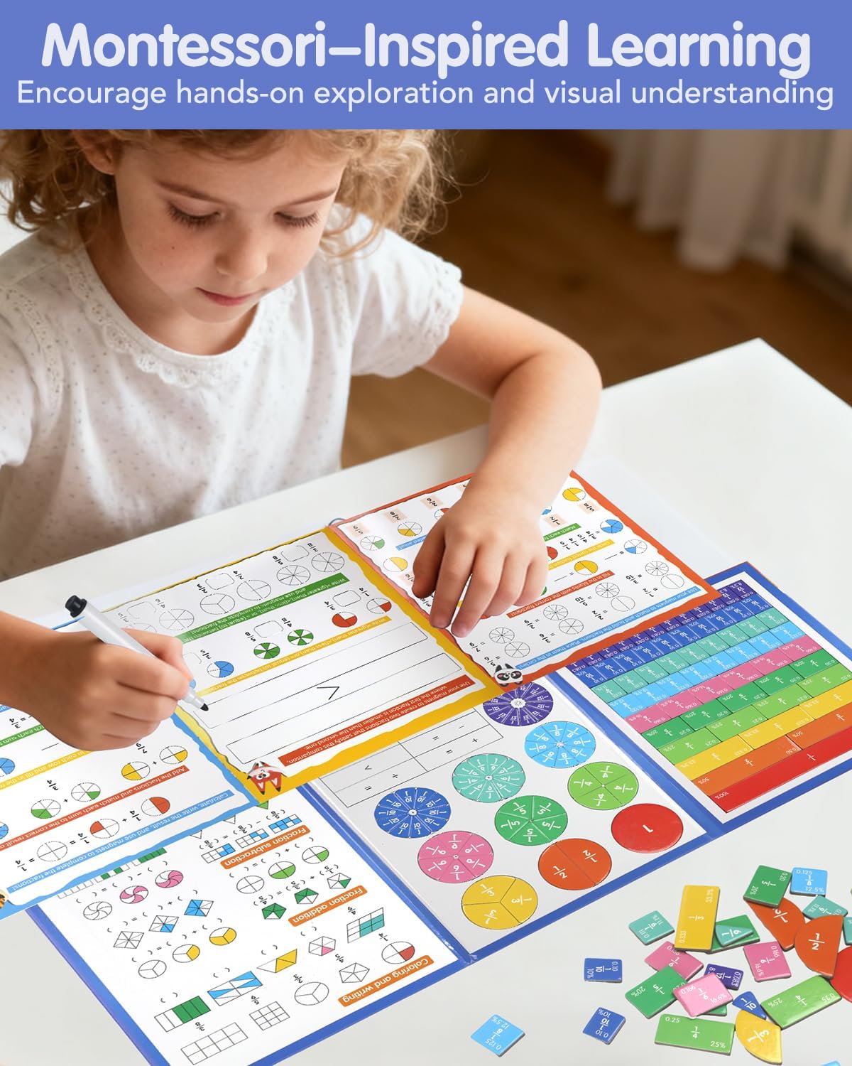Magnetic Fraction Demonstration Book, Magnetic Fraction Tiles & Circles Educational Puzzle Set, Montessori Fraction Playbook for Kids, Math Manipulatives for Elementary School