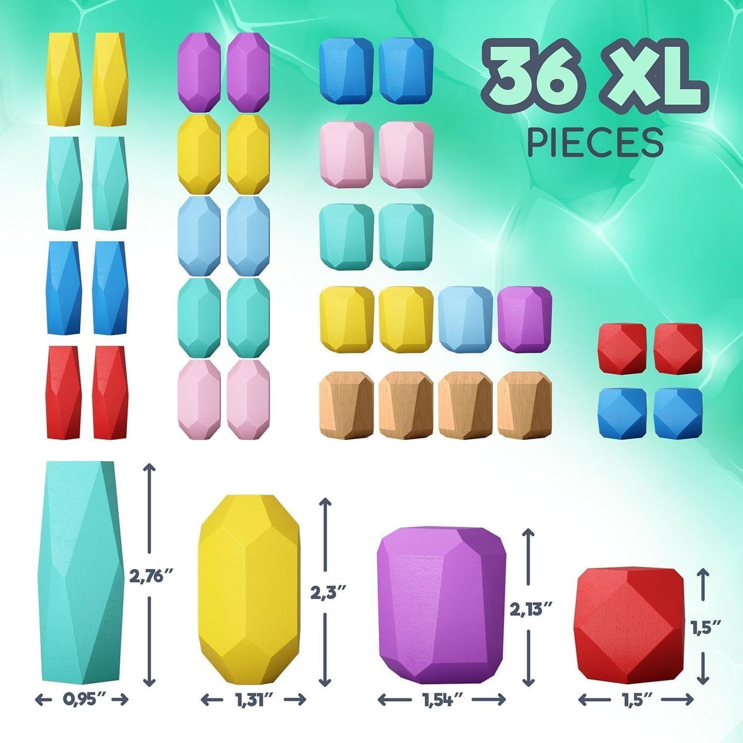 36 Pcs Wooden Stacking Blocks – Montessori Toys for 1 2 3 4 5 6 Year Old Toddlers and Kids, XL Rocks, No Choking Hazard – Sensory STEM Building Stones, for Girls and Boys
