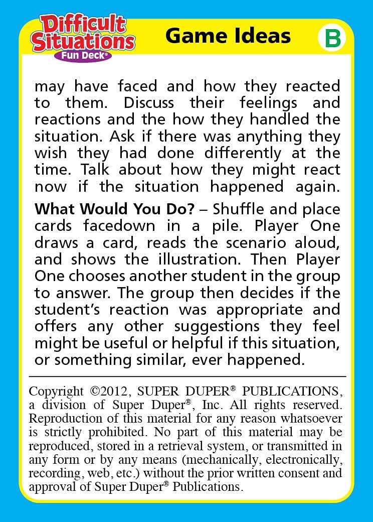 Super Duper Publications | Difficult Situations Fun Deck | Social Skills and Safety Flash Cards | Educational Learning Materials for Children