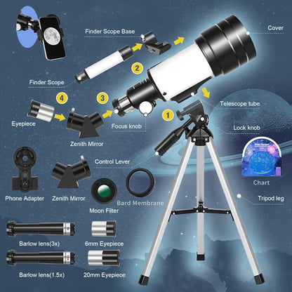150x Telescope, 70mm Aperture Telescope, High Magnification, Portable Astronomical Telescope (White)