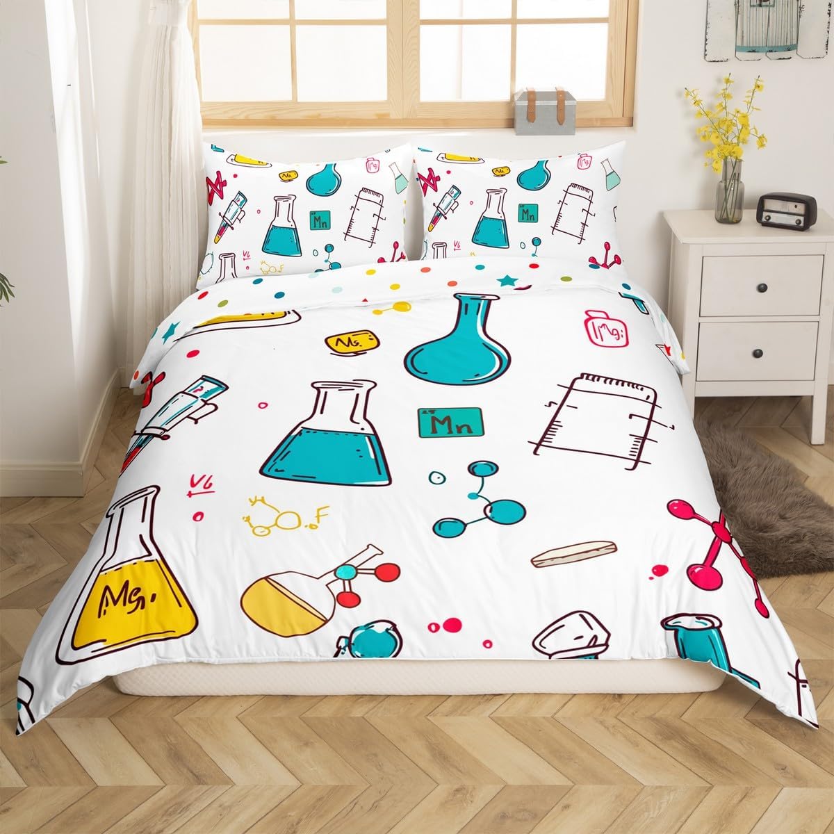 Erosebridal Science Theme Bedding Set Queen Size for Boys Girls Chemistry Periodic Table Print Duvet Cover Chemical Subject Theme Comforter Cover Teens Kids Math Science Atyle Bedspread Cover 3 Pcs