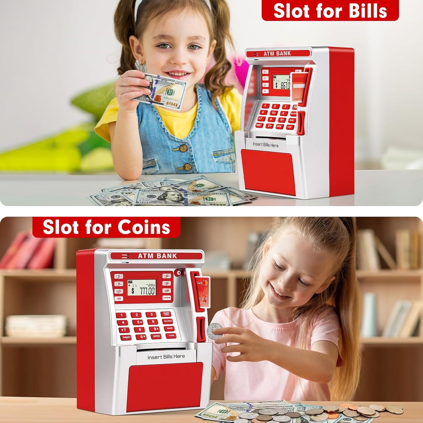 ATM Piggy Bank for Kids, ATM Machine for Real Money with Debit Card, Bill Feeder, Coin Recognition, Balance Calculator, Electronic Savings Safe Box, Gifts for Teen Boys Girls