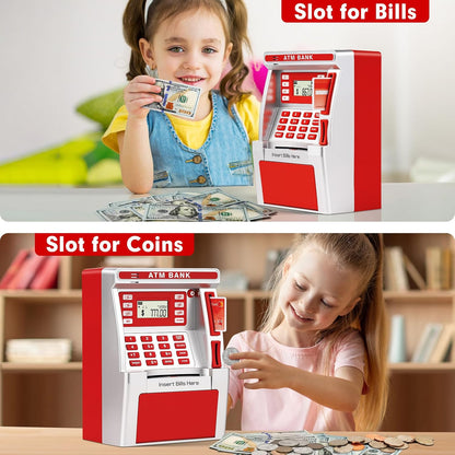ATM Piggy Bank for Kids, ATM Machine for Real Money with Debit Card, Bill Feeder, Coin Recognition, Balance Calculator, Electronic Savings Safe Box, Gifts for Teen Boys Girls