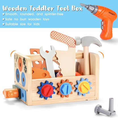 REXBETI Kids Tool Set with Electric Drill, 43Pcs Wooden Toddler Tool Bench with Apron, Educational Montessori Toys for 3 Year Old Boys, Toddler Tool Set, Birthday Gifts for 3 4 5 Year Old Boy Girl