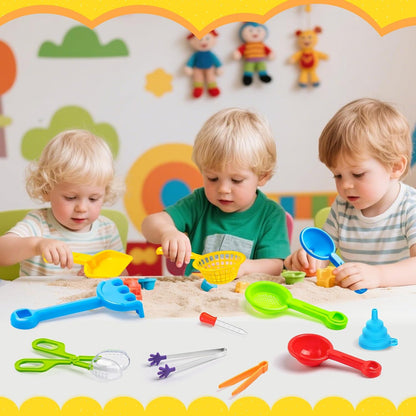 11 Pieces Sensory Bin Filler, Fine Motor Skills Handy Toys Set with 5 Scoops, Tweezers, Mini Silicone Tong, Scissors Clip, Dropper, Beach Shovels, Funnel, Sensory Bin Accessories Tools