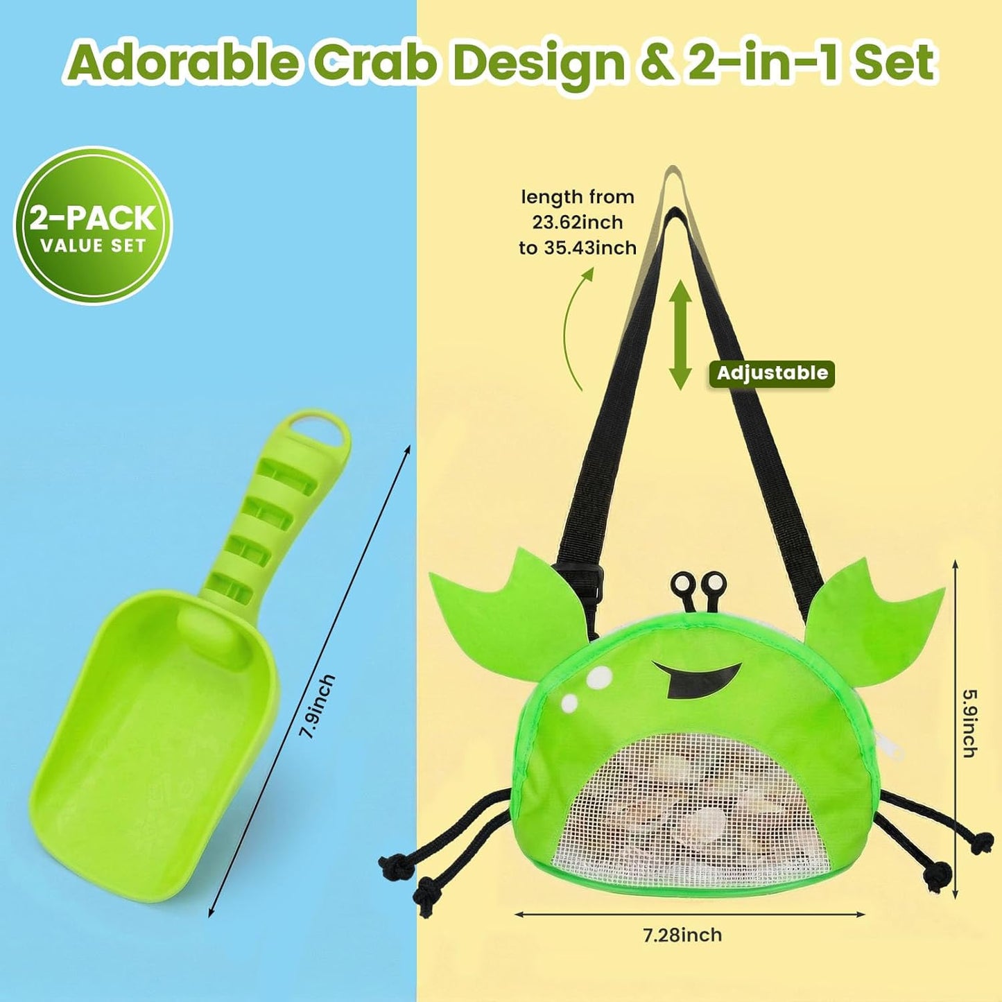 AMOR PRESENT Mesh Baby Beach Bag, Shell Collecting Bag with Shovel Crab-Shaped Adjustable Strap for Holding Shell Sea Pool Sand Toy, Blue
