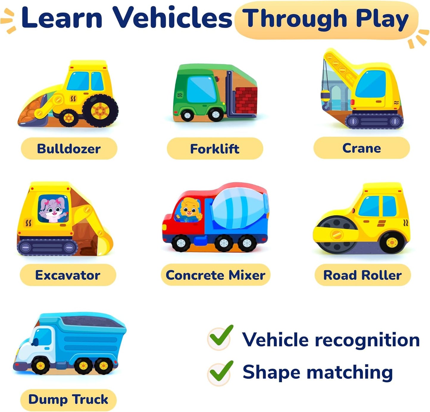 Lucas & Friends Wooden Construction Vehicle Peg Puzzle for Toddlers 2-4, 7-Piece Montessori Matching Board, Extra-Thick Easy-Grip Trucks,Preschool Learning Toy - 12”x 9”