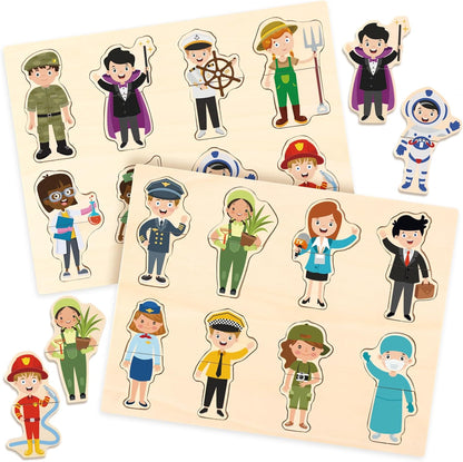 2 Set Wooden Puzzle for Toddlers Community Helpers Cognition Peg Puzzle Wood Blocks Multicultural Occupational Career Character Interchangeable Educational Toys Preschool Learning for Kids Children