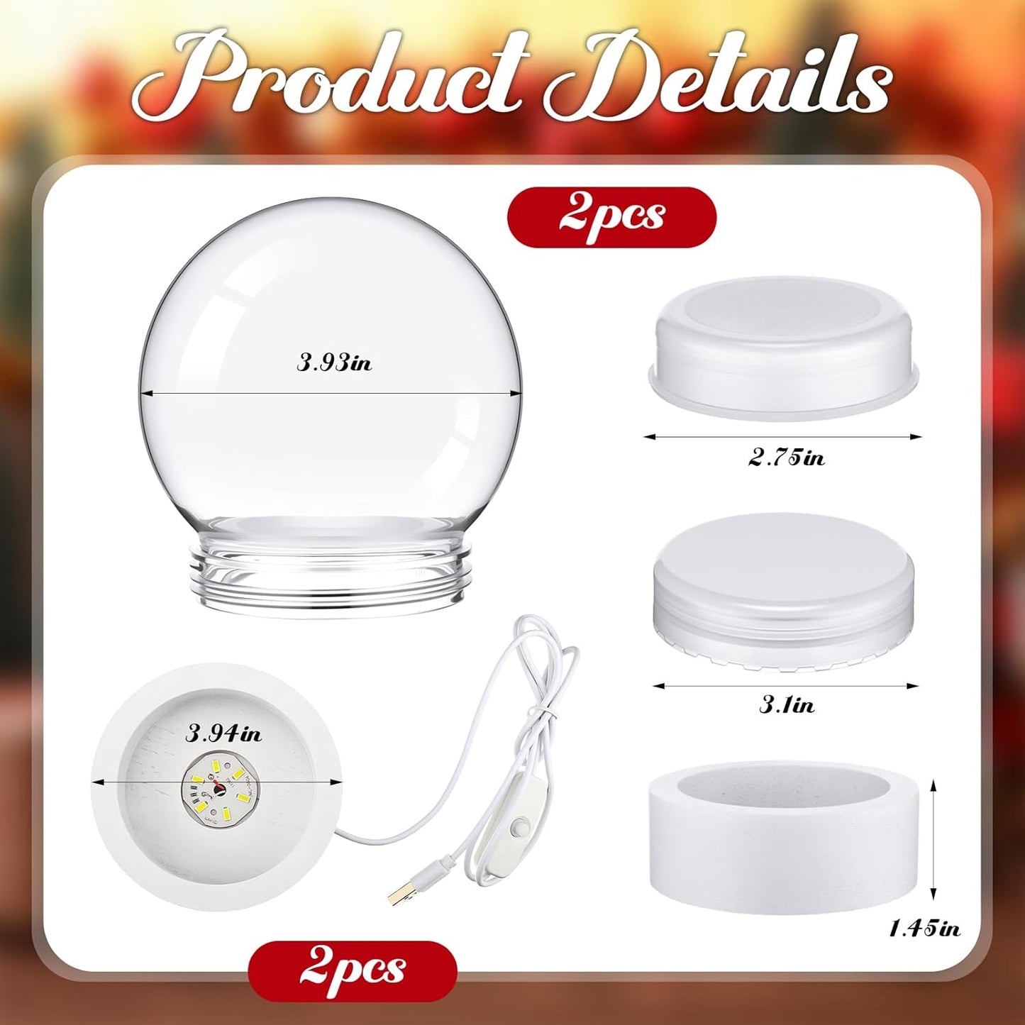 Irenare 2 Set Valentines DIY Snow Globes Set Warm Light Make Your Own Snow Globe with LED Light White Wooden Base Clear Plastic Globe Kit for Valentine Christmas Decor Gift